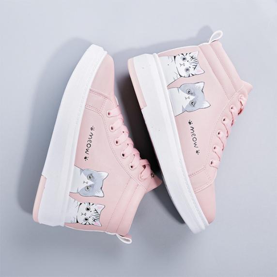 Women Winter Sneakers Female Cute Cat With Plush Flat Woman Lace Up High Top Warm Ladies Vulcanized Shoes Women's White Shoes